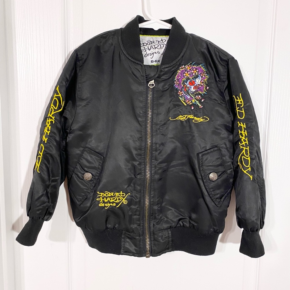 Y2K Ed Hardy Kids Skull Embroidered Satin Bomber Jacket Black Boys 6/7